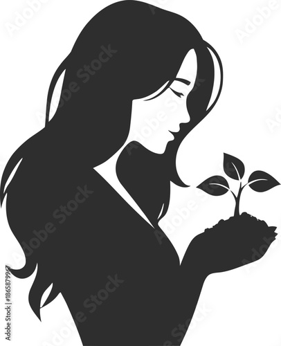 Black Silhouette of a Female Form Cradling a Budding Plant Embodies New Life and Care
