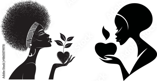 Modern Black Silhouette of a Woman Lovingly Holding a Sprouting Plant Representation of Gentleness and Cultivation