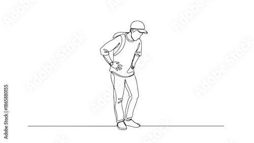 Male wearing backpack and cap with hands on hips, full body line drawing illustration