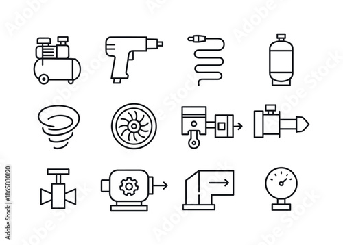 Gas Equipment Icons. Gases. Line icon set of Gases: air compressor, pneumatic tool symbol, compressed air hose, air tank icon, airflow vortex, turbine airflow