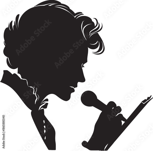 A striking silhouette of a female journalist, holding a microphone and notepad, encapsulates the spirit of media and communication, ready to deliver the latest news and stories