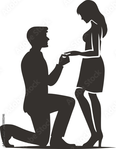 Romantic silhouette of a couple with one partner on bended knee proposing marriage