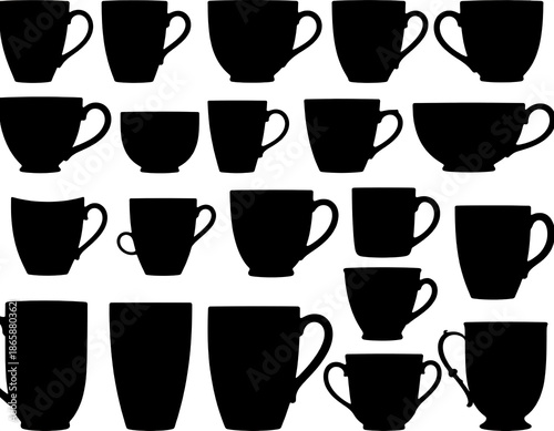 Wallpaper Mural Many coffee/tea cups of varying sizes and shapes, all in black silhouette on white Torontodigital.ca
