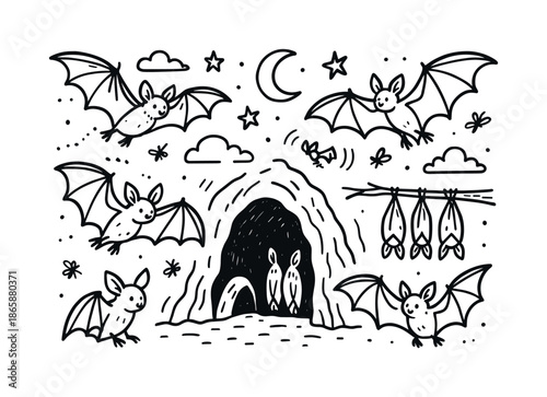 Bat Colony Night. Bat colony. Hand-drawn doodle illustration Bat colony multiple bats, cave entrance, hanging bats, wings folded, stars, moon, sound waves,