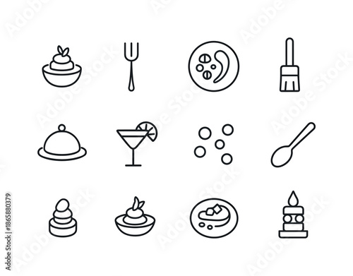 Chef's Tasting Icons. Chef?s tasting menu. Line icon set of Chef?s tasting menu: amuse bouche, tiny fork, artistic plating, food brush, tasting plate, palate