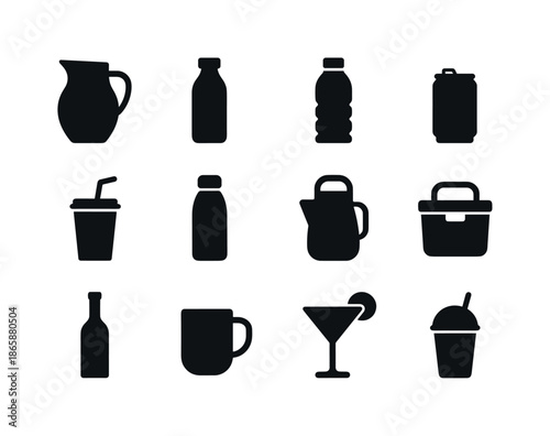 Picnic Drink Icons. Picnic drinks. Solid icon set of picnic drinks: lemonade jug, juice bottle, water bottle, soda can, cup with straw, thermos, tea flask,