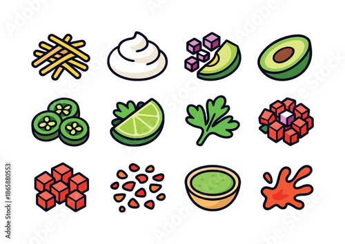 Taco Toppings Icons. Taco toppings. Colorful isometric vector icons set of Taco toppings: shredded cheese, sour cream swirl, chopped onions, sliced avocado,
