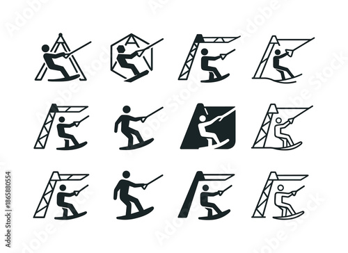 Wakeboarding Icon Set. Wakeboarding. Icon set. Set Logo of wakeboarding: cable park tower. harmonious logo variations of the same emblematic concept, each with