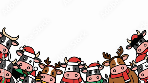 Festive cows in holiday attire, peeking from the bottom border with festive cheer