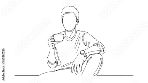 Vector line art illustration of an individual enjoying a hot drink, a minimalist design capturing everyday leisure and mindful relaxation