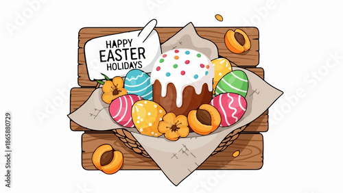 Festive Easter basket with decorated eggs, cake, fruit, and flowers on wood