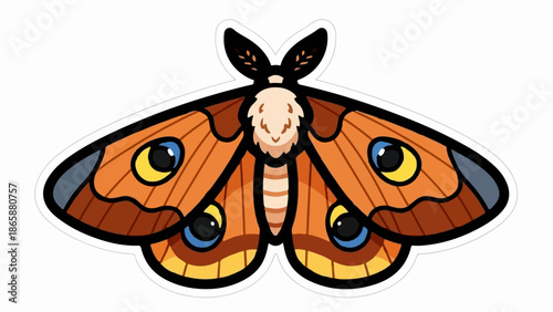 Cartoon-style moth with orange, brown, and blue markings and large eyes