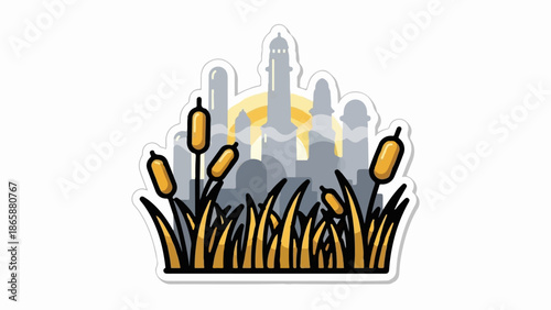 Cattails and a misty city skyline at sunrise