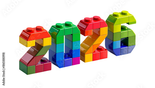 Colorful building blocks spell out the year 2026 against a black background