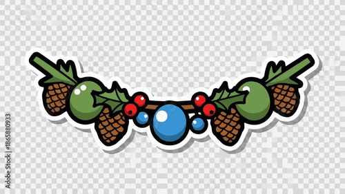 Festive garland with pinecones, holly, berries, and a blue bauble