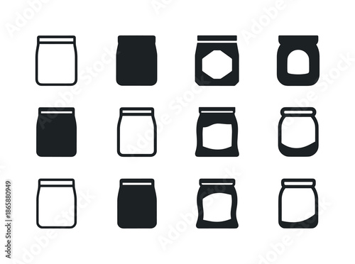 Food Packaging Icons. Food packaging. Icon set. Set Logo of food packaging: sealed pouch bag. harmonious logo variations of the same emblematic concept, each