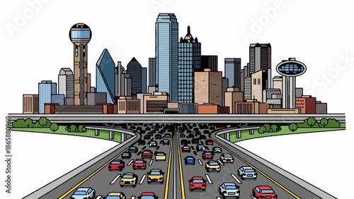 Dense traffic flows on a multi-lane highway beneath a vibrant cityscape