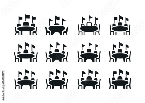 International Trade Logos. international trade agreements and summits. Icon set. Set Logo of international trade agreements and summits: conference table with