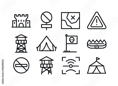Enemy Territory Icons. Enemy territory. Line icon set of Enemy territory: enemy base icon, restricted zone sign, red zone map, danger area symbol, guarded