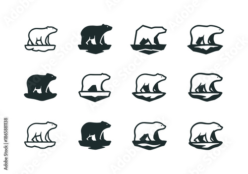 Arctic Logo Variations. Arctic. Icon set. Set Logo of Arctic: polar bear standing on ice floe. harmonious logo variations of the same emblematic concept, each
