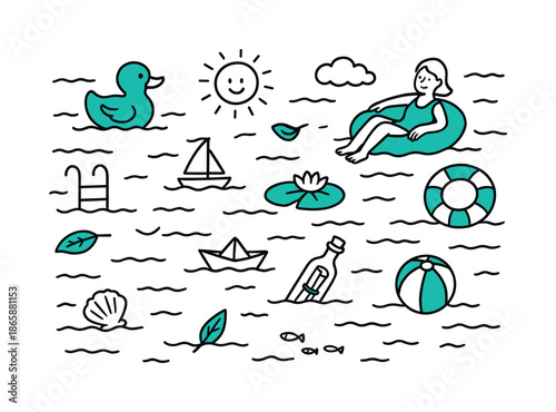 Floating Doodle Wonders. Floating on water. Hand-drawn doodle illustration floating on water [rubber duck (accented), person on pool float ring (accented),