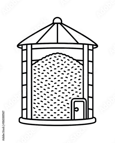 Silo Cutaway Coloring Page. Silo cross-section view children?s coloring book illustration, outlined drawing, cutaway showing grain layers, support beams, and