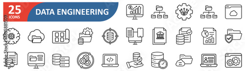 Data Engineering line editable icon set. database, binary code, optimization, processing, classification, monitoring, framework, pipeline