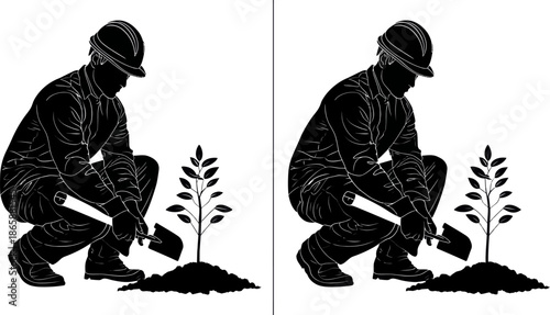 A graphic silhouette of a conservationist is sustainably portrayed while he is in the act of planting a small tree