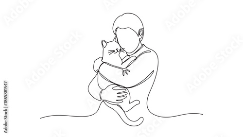 Minimalist one line art of a person gently embracing their beloved cat, showcasing the deep affection and heartwarming human-animal connection
