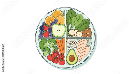 A visually appealing illustration of a balanced meal plate, featuring fruits, vegetables, nuts, grains, and lean protein for healthy eating.