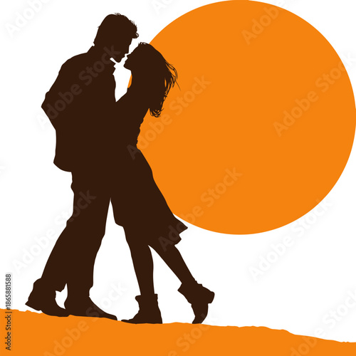 A couple's silhouette is bathed in the warm glow of the setting sun as they stand together, lost in a peaceful and romantic moment of shared introspection