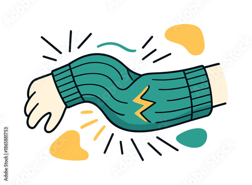 Dynamic Sleeve Stretch. Stretching knit. A sleeve slightly stretched at the elbow showing stylized ribbing; abstract tension arcs and motion lines surround it.