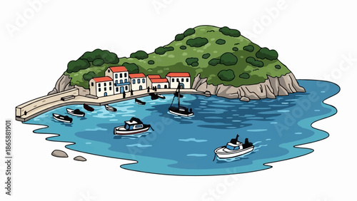 Picturesque coastal village with white buildings, red roofs, green hill, and blue sea with boats