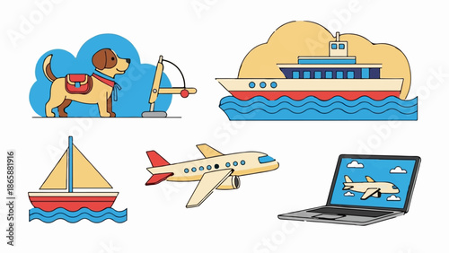 Five colorful icons depict various modes of transportation and a helpful animal