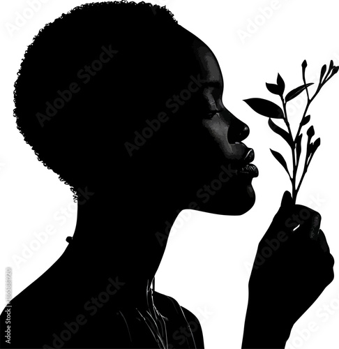 Modern Silhouette Art Depicting a Woman Holding a Sprouting Plant Symbolizing Nurture