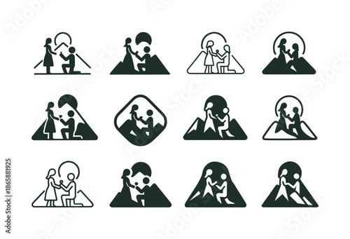 Mountain Proposal Icons. Engagement on vacation. Icon set. Set Logo of engagement on vacation: mountain-top proposal. harmonious logo variations of the same