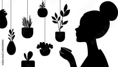 The modern silhouette of a woman is depicted as she gathers fresh vegetables in an urban farm