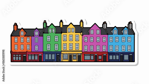 Row of colorful, stylized buildings with windows and doors in a cartoonish style