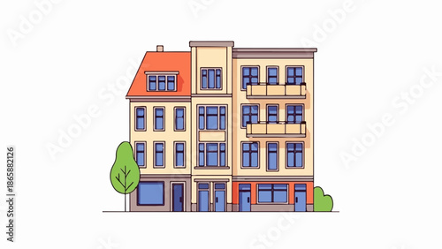 Flat illustrated row of apartment buildings with red tiled roofs and blue windows