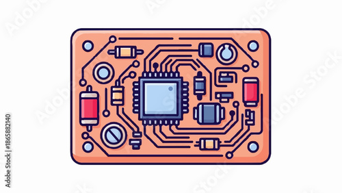 Flat illustration of a computer circuit board with components