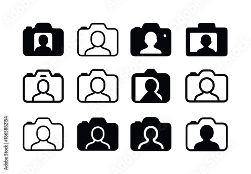 Studio Portrait Icons. Taking portraits in a studio. Icon set. Set Logo of Taking portraits in a studio: DSLR camera. harmonious logo variations of the same