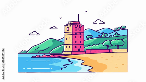 Coastal tower by the sea with rolling hills and sandy beach