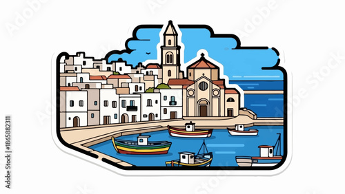 Coastal village with buildings, church, and boats in the harbor