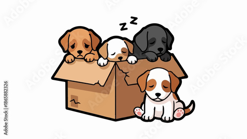 Four adorable puppies, some sleeping, pile into a cardboard box