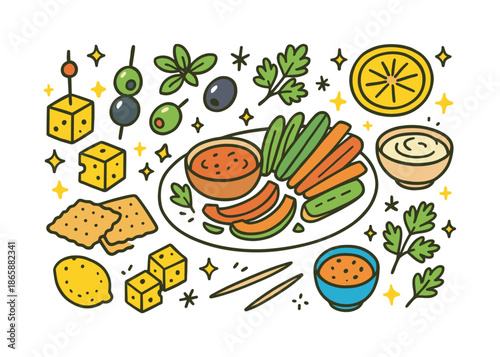 Colorful Appetizer Platter. Appetizer Spread. Colorful Hand-drawn doodle Children illustration cheese cubes, crackers, olives, veggies, dips, herbs, plate,