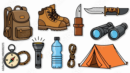 Collection of outdoor adventure gear, including backpack, boots, knife, binoculars, compass, flashlight, water bottle, rope, and tent