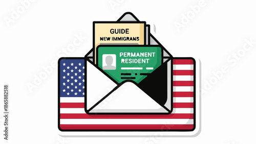 Illustration of US flag envelope with immigration documents and guide