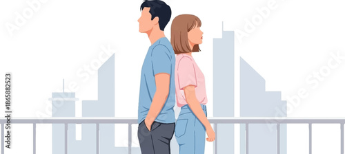Couple backs to back on balcony, city skyline behind them