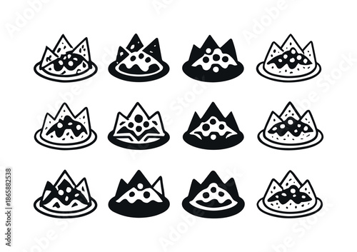 Loaded Nachos Logos. Loaded nachos. Icon set. Set Logo of Loaded nachos: plate of nachos. harmonious logo variations of the same emblematic concept, each with