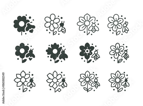Beekeeping Icon Set. Beekeeping and Pollination. Icon set. Set Logo of Beekeeping and Pollination: pollen grains around flower. harmonious logo variations of